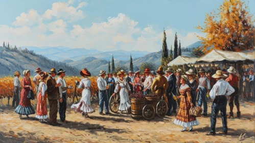 Group of People in a Vineyard - 19th-Century Clothing - Italian Countryside