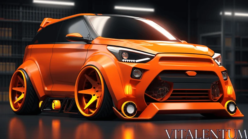 Orange Car with Anime-Inspired Design in Dark Garage AI Image