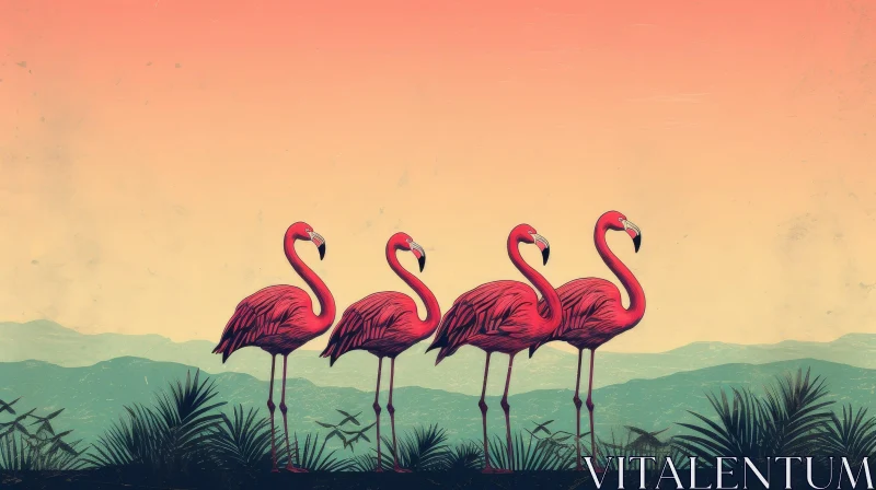 Pink Flamingos Sunset Illustration AI Image