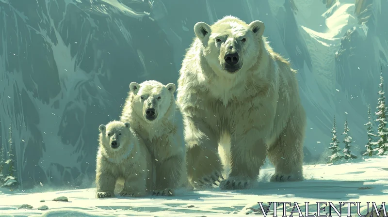 Polar Bear Family in Snowy Landscape Painting AI Image