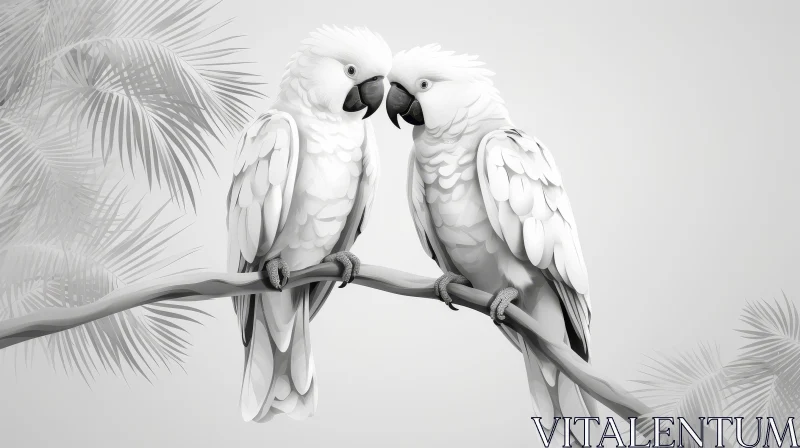 Realistic Black and White Cockatoos Drawing on Branch AI Image