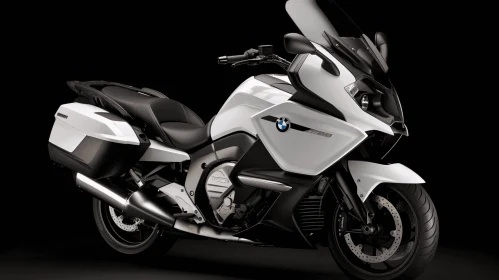 Sleek Black and White BMW Motorcycle on a Dark Background