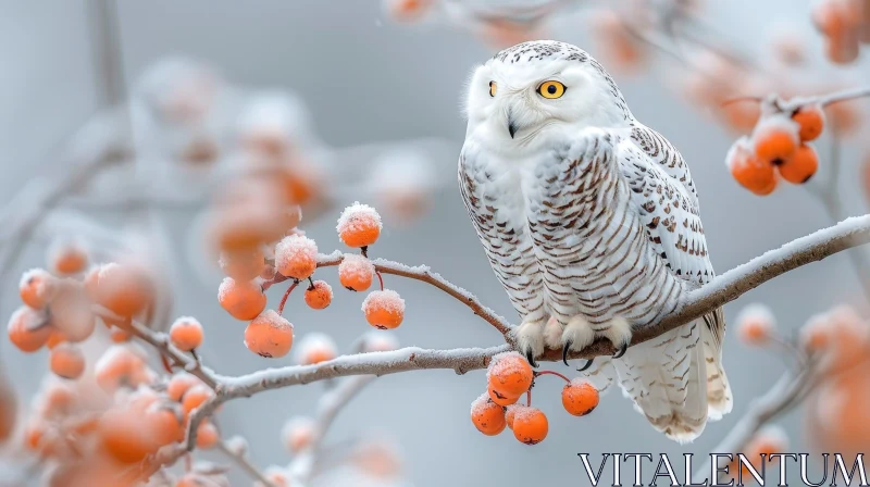 AI ART Snowy Owl Perched on Tree Branch in Winter Scene