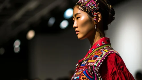 Stunning Asian Model in Red Embroidered Jacket with Colorful Patterns