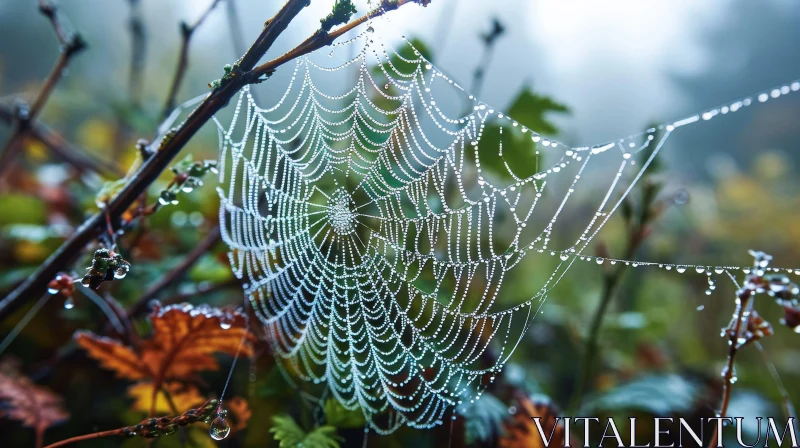 AI ART Symmetrical Spider Web with Morning Dew - Macro Nature Photography