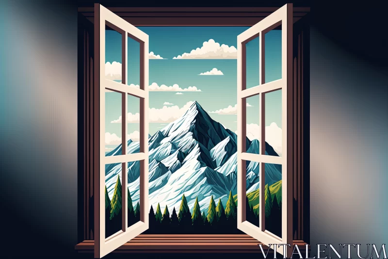AI ART Vintage Poster: Window to a Mountain Landscape - Optical Illusion Art