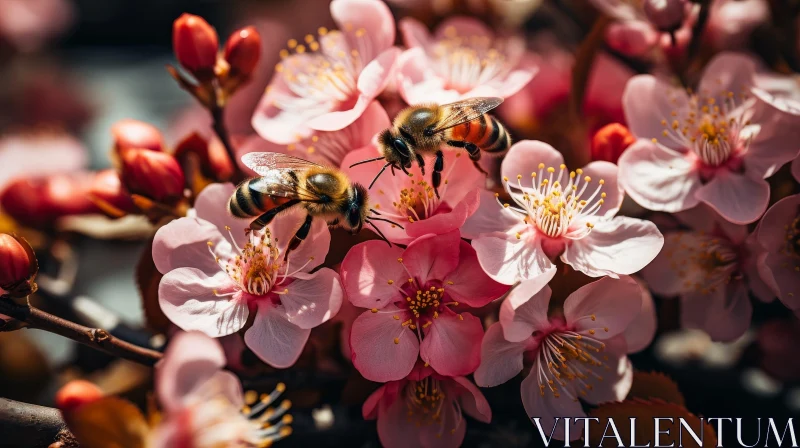 AI ART Cherry Blossom Bees - Close-Up Nature Photography