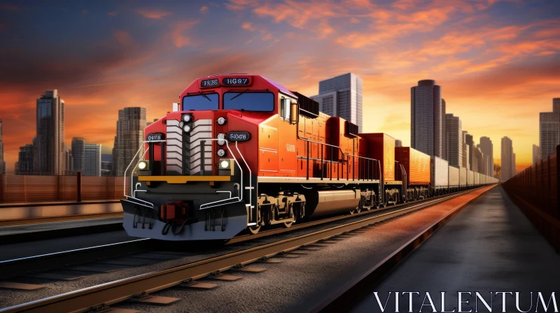 AI ART City Freight Train Transporting Cargo at Sunset
