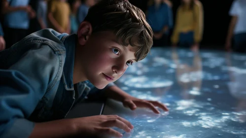 Curious Boy Observing an Interactive Map on a Table