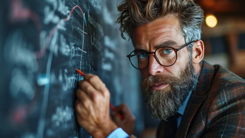 Intense Intellectual: Bearded Man Writing Mathematical Equations