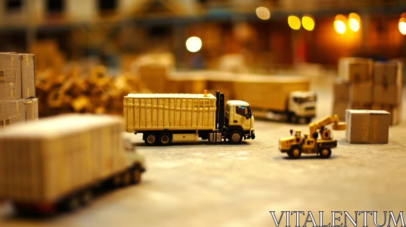 Nighttime Shipping Yard Diorama: Trucks, Forklifts, and Cargo AI Image