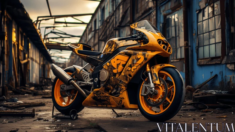 Raw and Powerful Motorcycle Art in Abandoned Building AI Image