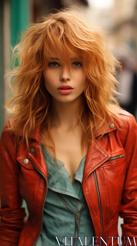 Serious Woman Portrait with Red Hair in Leather Jacket AI Image