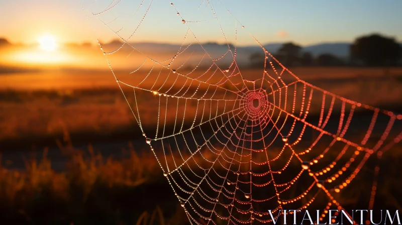 AI ART Sunset Spider Web with Dew Drops - Nature Photography