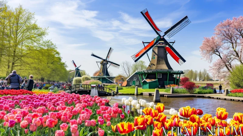 Tranquil Landscape in the Netherlands with Windmills and Colorful Tulips AI Image