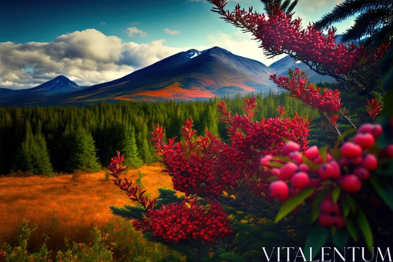 Vibrant Red Berries on a Majestic Mountain - Fantasy Landscapes AI Image