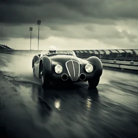 Vintage Race Car Driving on Wet Track | Dark and Brooding Design