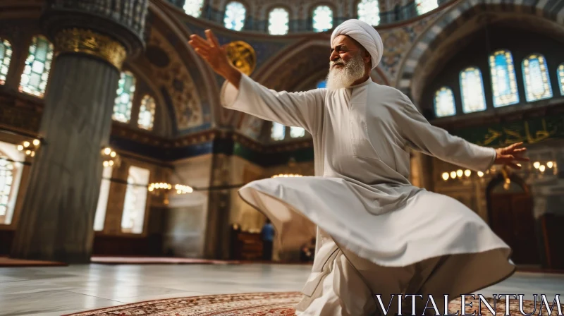 Whirling Dervish Dance in Mosque - Serene Muslim Man AI Image