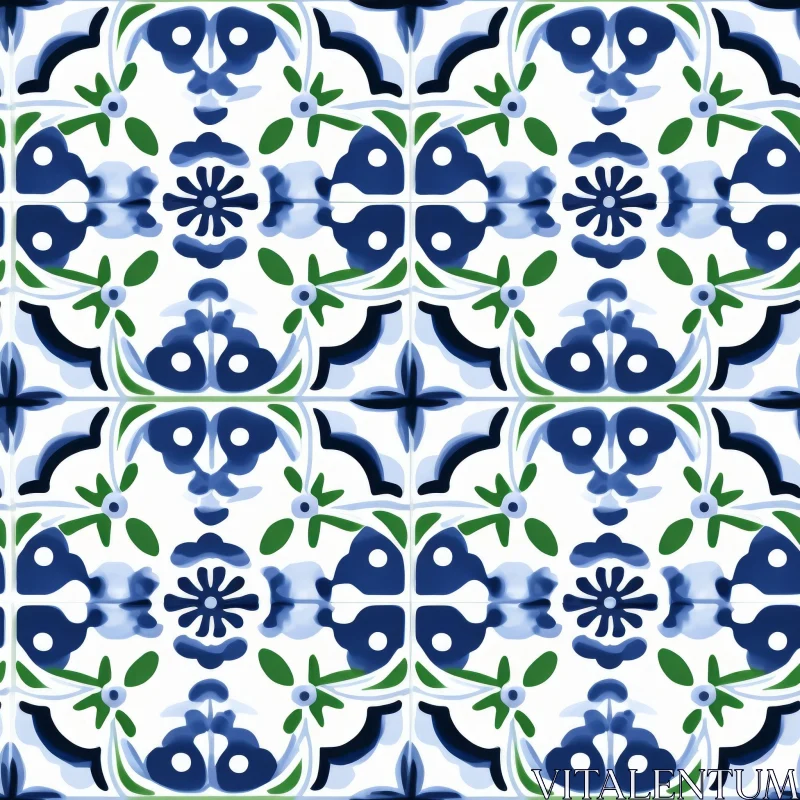 Blue and Green Floral Tiles Pattern on White Background AI Image