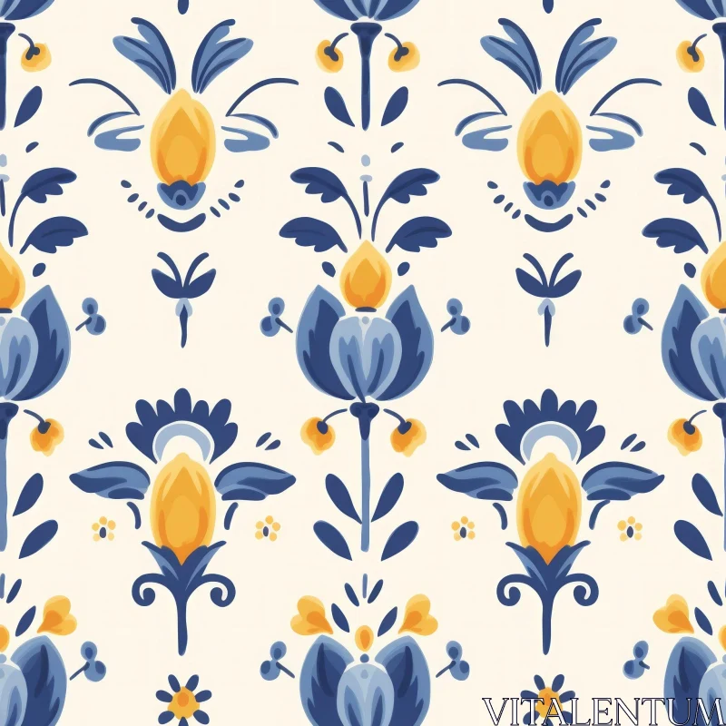 Blue and Yellow Floral Seamless Pattern on White Background AI Image