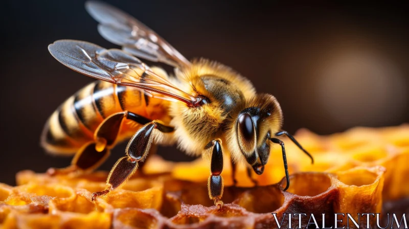 Close-up Bee on Honeycomb: Detailed Wildlife Photography AI Image
