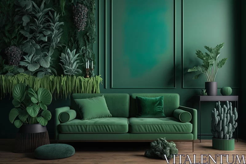 Contemporary Green Living Room with Dark Walls and Plants | Neoclassical Clarity | Surreal Organic AI Image