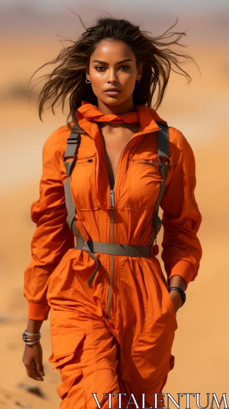 Empowering Desert Walk - Young Woman in Orange Jumpsuit AI Image