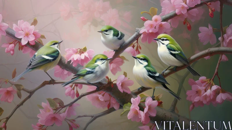 AI ART Green and White Birds on Cherry Tree Branch Painting