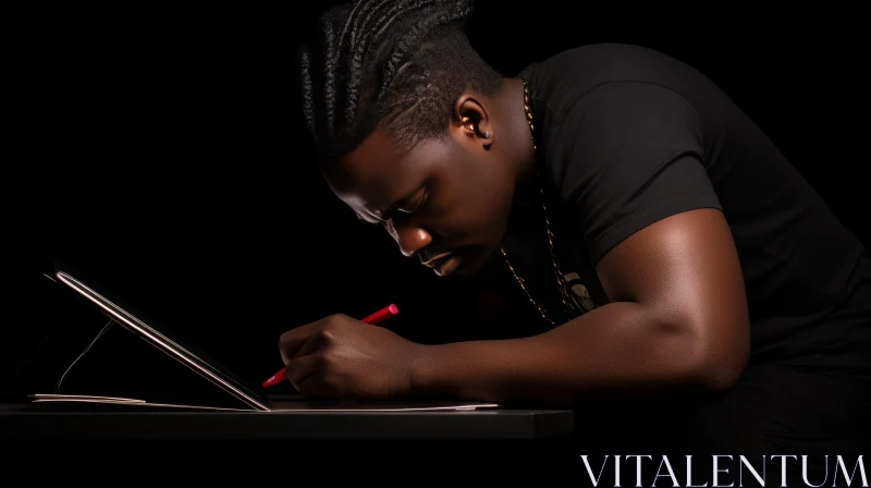 Intense Focus: Young African-American Man Writing on Tablet AI Image