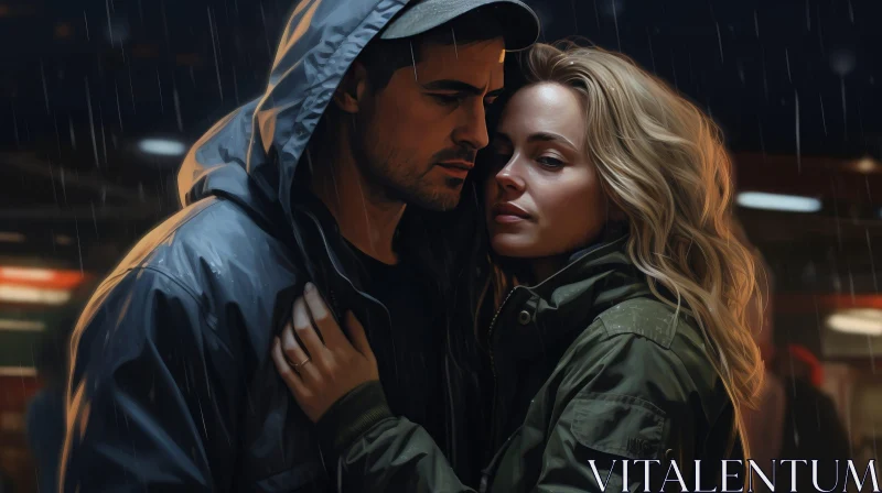 Intimate Rainy Day Painting of a Man and Woman AI Image