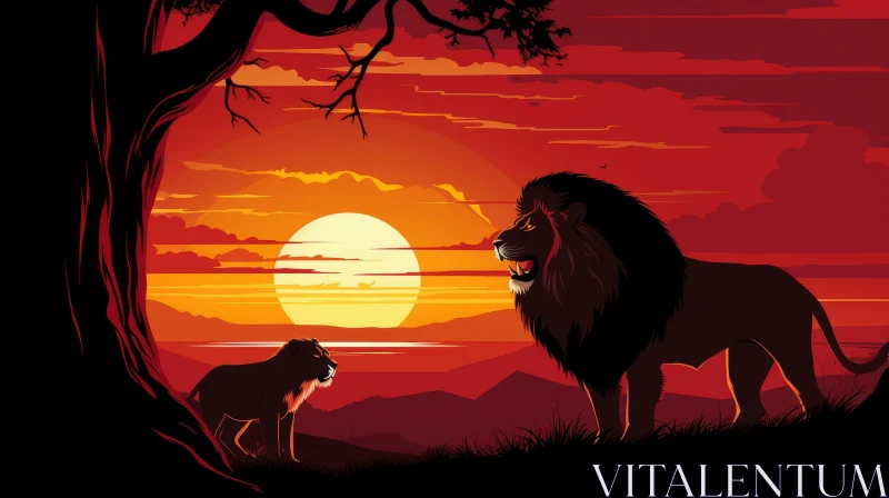 Lions Illustration at Sunset AI Image