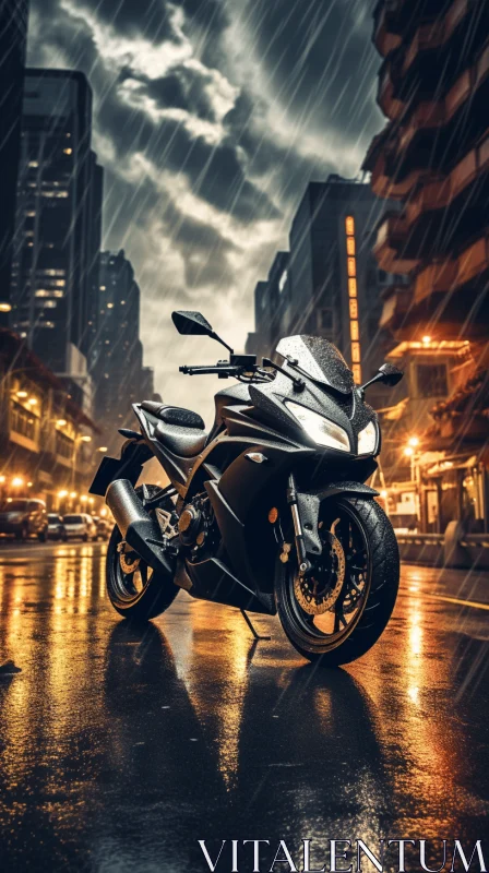 Motorcycle Parked in Rain on City Street | Urban Energy | 32k UHD AI Image