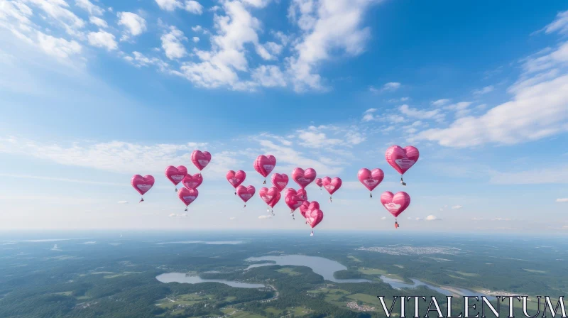 AI ART Pink Heart-shaped Hot Air Balloons Flying in Serene Sky