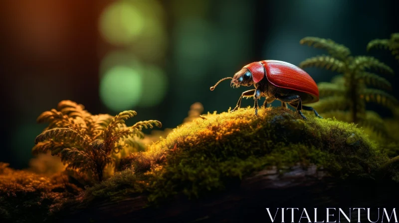 Red Beetle Close-Up on Moss-Covered Branch AI Image