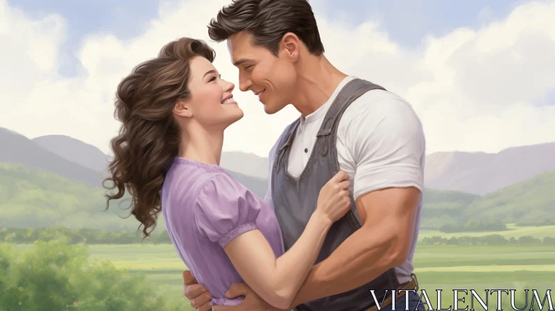 AI ART Romantic Couple Embracing in Field with Mountain View
