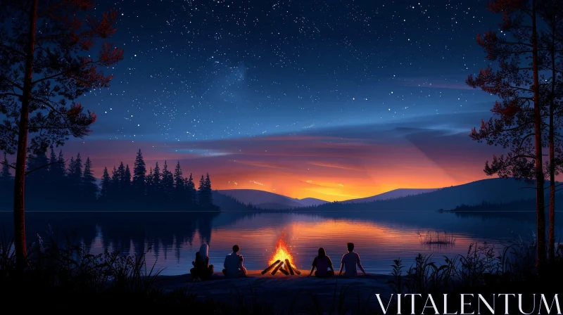 Serene Lake Sunset with Campfire AI Image