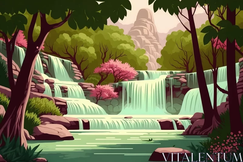 Vibrant Cartoon Waterfall in Forest | Asian-Inspired Landscape AI Image