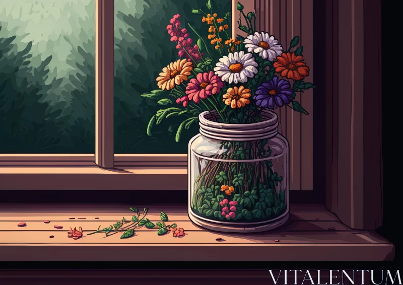 Vibrant Flowers on Window Sill - 2D Game Art Style AI Image