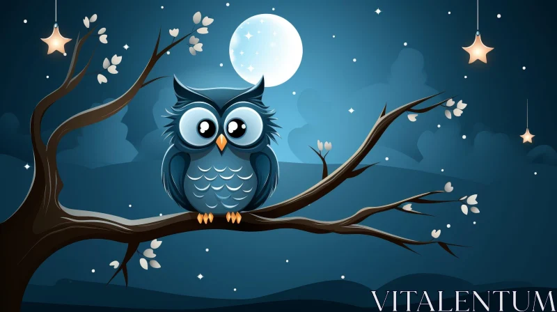 Whimsical Blue Owl on Branch at Night AI Image
