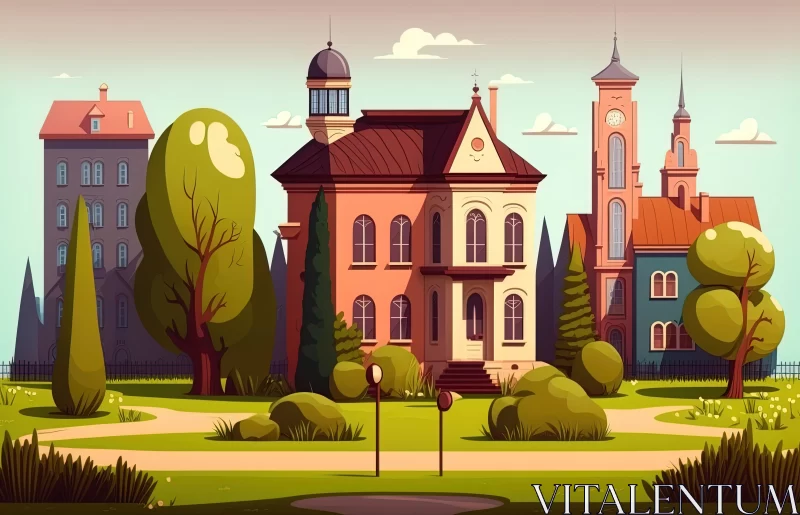 Whimsical Cartoon Houses in Park Illustration | Vintage Style AI Image