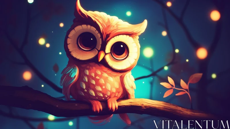 Whimsical Owl Illustration in Forest at Night AI Image