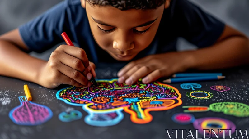 Young Boy Drawing Colorful Brain Picture with Colored Pencils AI Image