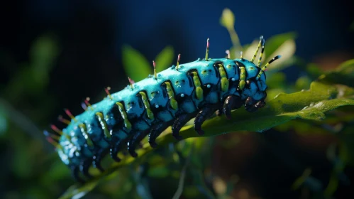 Blue Caterpillar on Green Leaf - Close-up Nature Photography