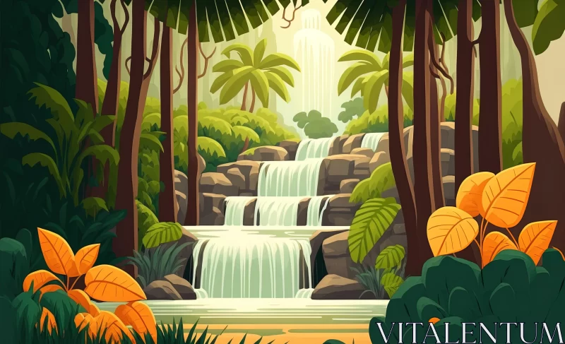 Captivating Cartoon Waterfall in Lush Jungle | Detailed Flora and Fauna AI Image
