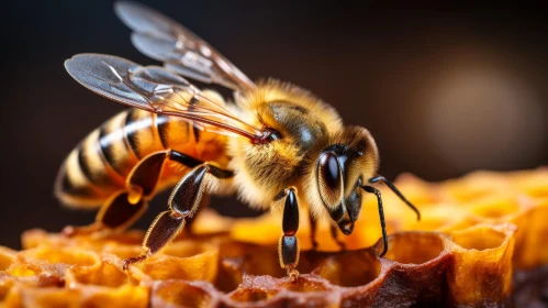 Close-up Bee on Honeycomb: Detailed Wildlife Photography
