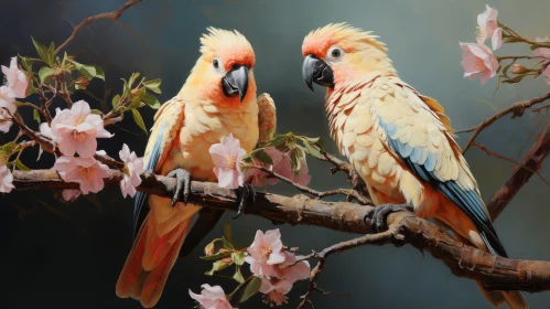 Colorful Parrots Painting on Branch with Flowers