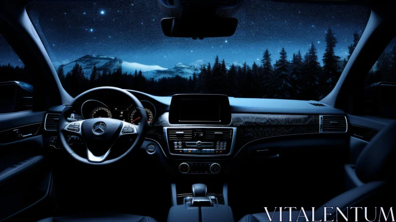 Enchanting Night View: Car Interior and Snow-capped Mountains AI Image