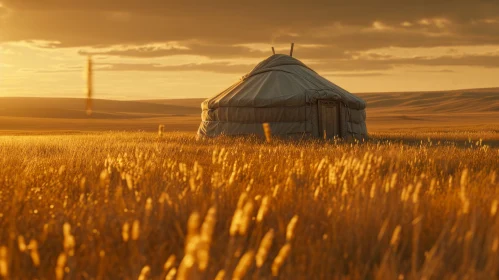 Golden Wheat Field Landscape with Traditional Yurt