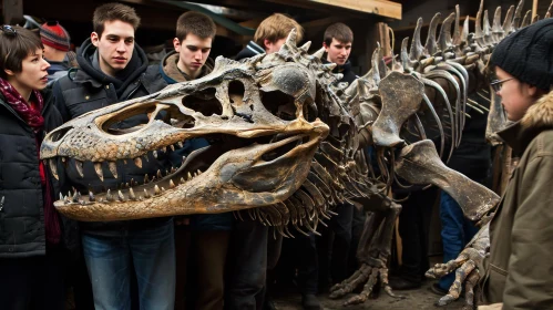 Intriguing Encounter: People Engrossed by a Majestic Dinosaur Skeleton