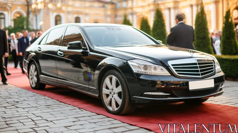 Luxury Black Car - Mercedes-Benz S-Class at Grand Building AI Image